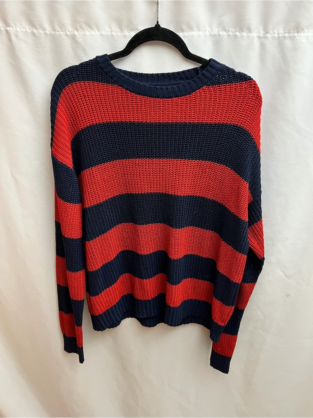 Red Navy Blue Striped Chunky Knit Oversized Sweater Long Sleeve Size L